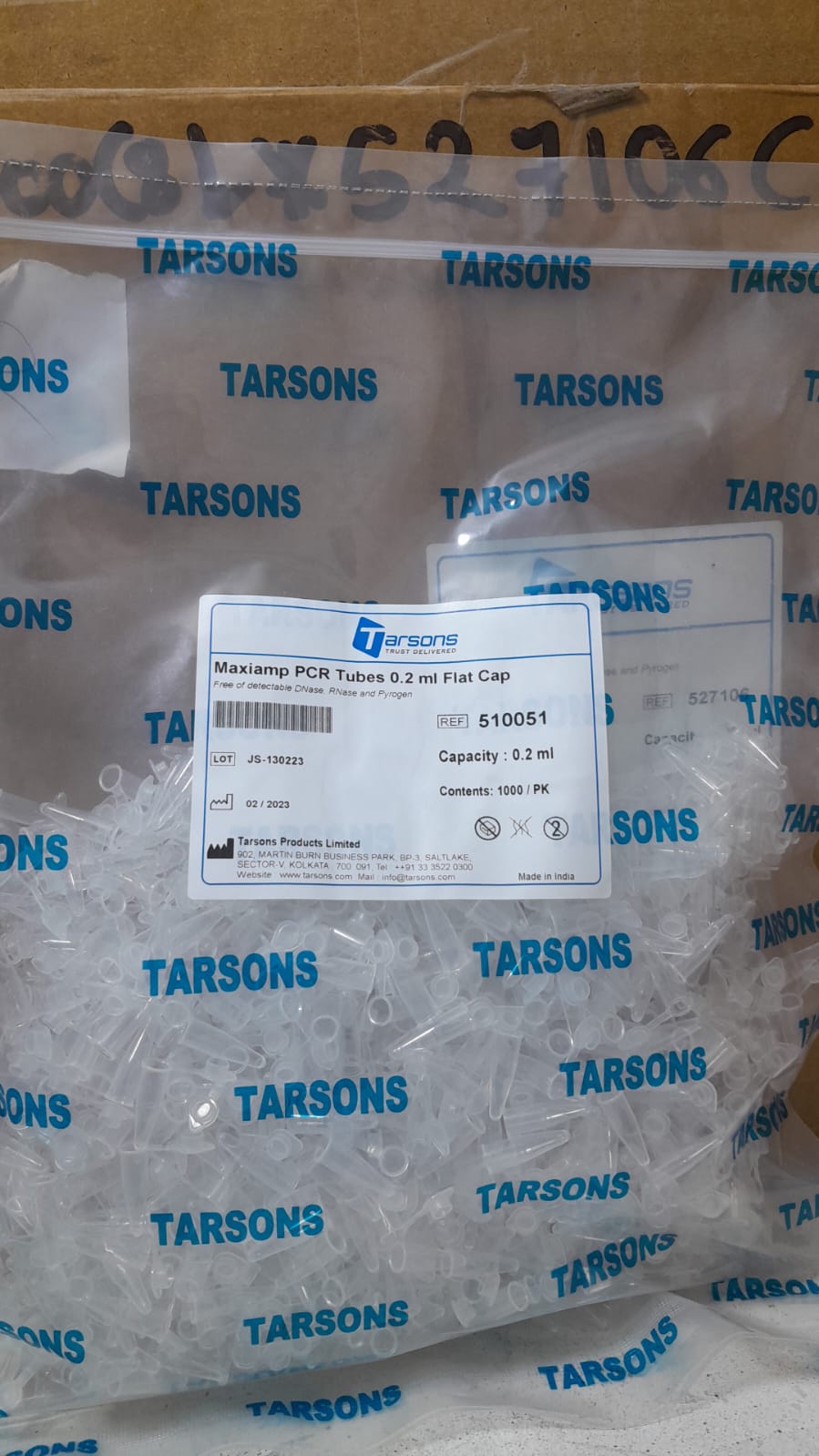 TUBO PARA PCR DE 0.2 ML COLOR CLARO TAPA PLANA PAQ X 1000 UND COD 510051 TARSONS