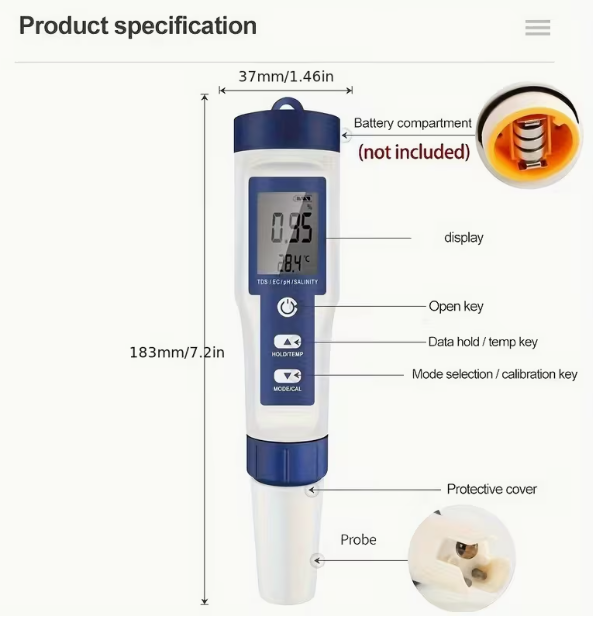 MEDIDOR MULTIPARAMETRO 5 EN 1 TDS, EC, PH, SALINIDAD TEMPERATURA